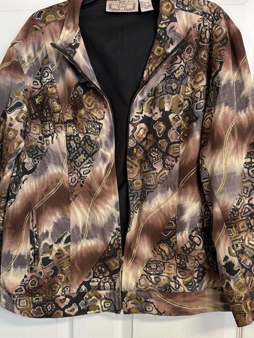 Life Style Jacket Boho Chic Size 1X Brown Abstract Pattern Full Zip 100% Cotton